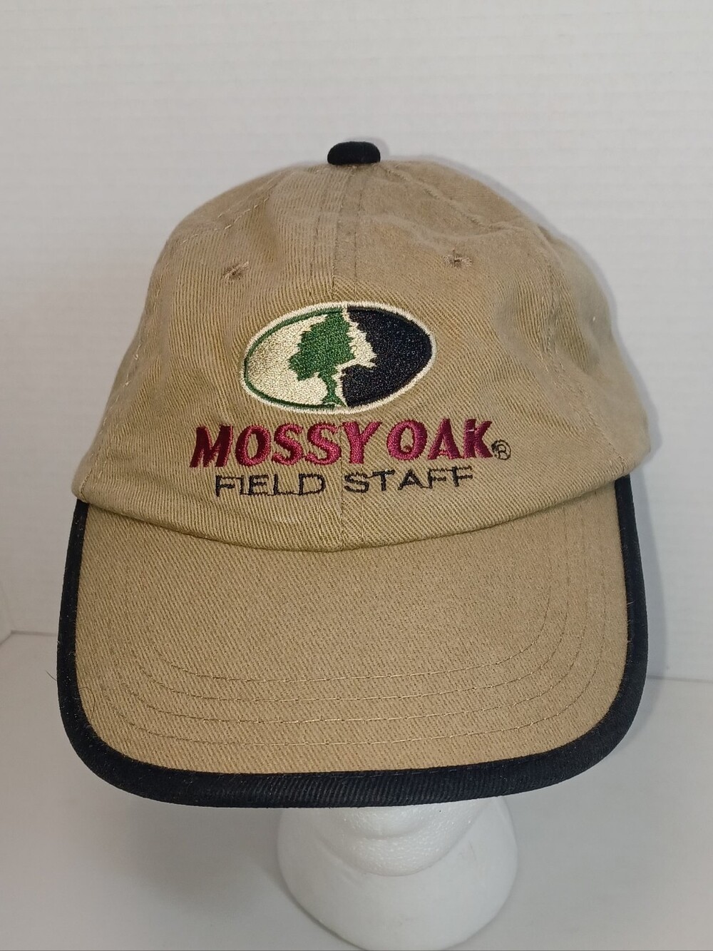 Mossy Oak Field Staff Khaki Baseball Cap with Black Trim Green Logo Adjustable